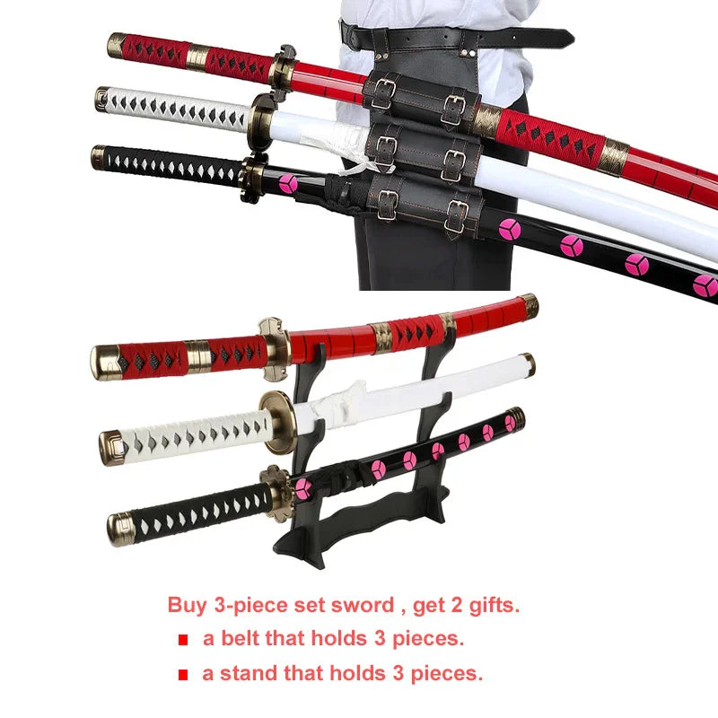 Person wearing a set of three anime swords with a display stand shown below