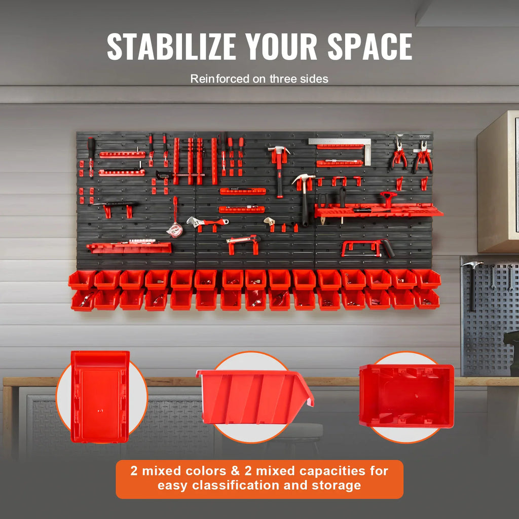 Wall-mounted tool storage rack with detailed views of individual red plastic bins