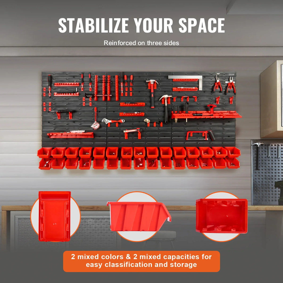 Wall-mounted tool storage rack with detailed views of individual red plastic bins