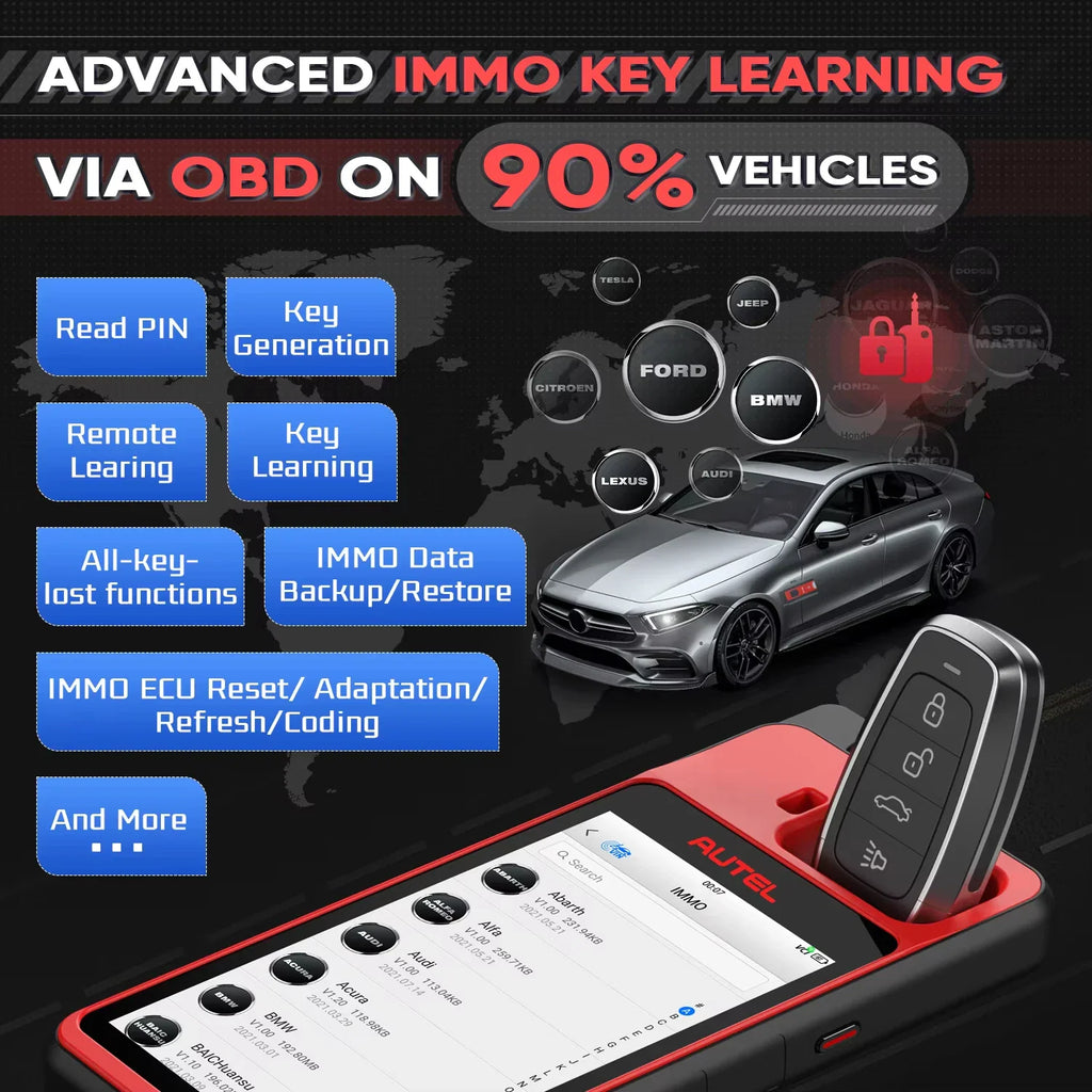Advanced car key programming tablet with world map background and various vehicle brand logos.