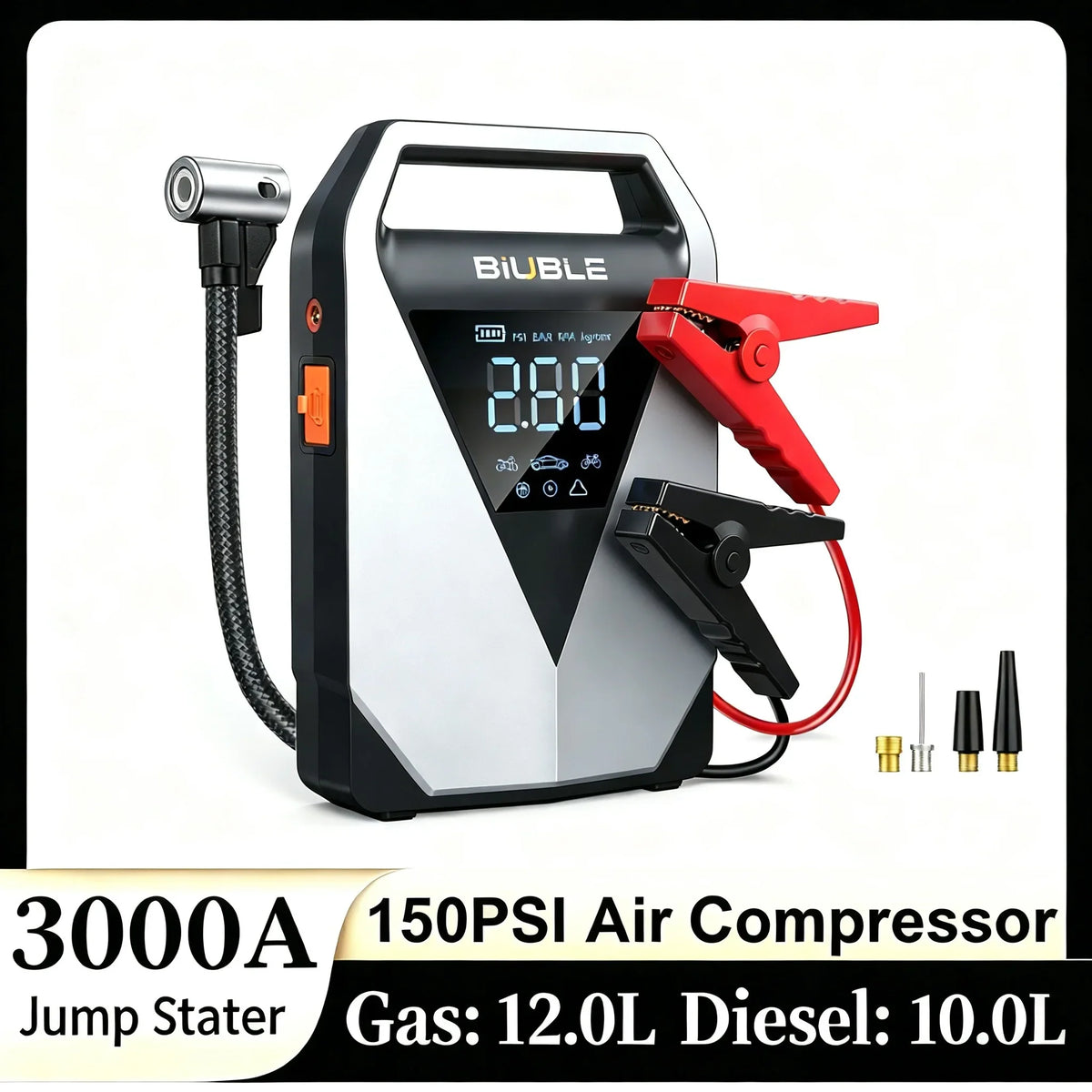 Portable car jump starter and air compressor unit with digital display and jumper cables