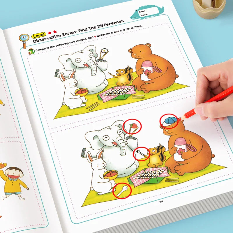 A page from a children's activity book showing two illustrations of animals having a picnic, with red circles highlighting