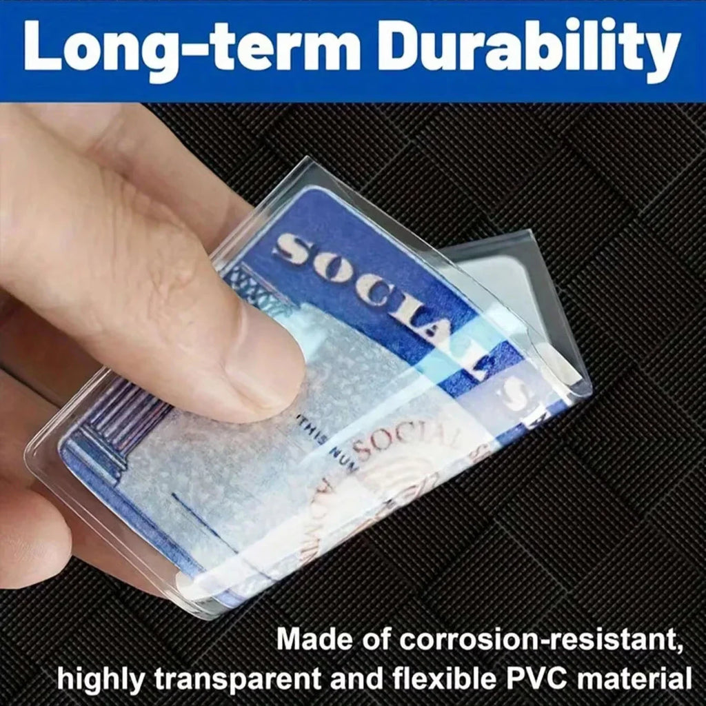 Close-up of a finger holding a clear PVC card protector sleeve