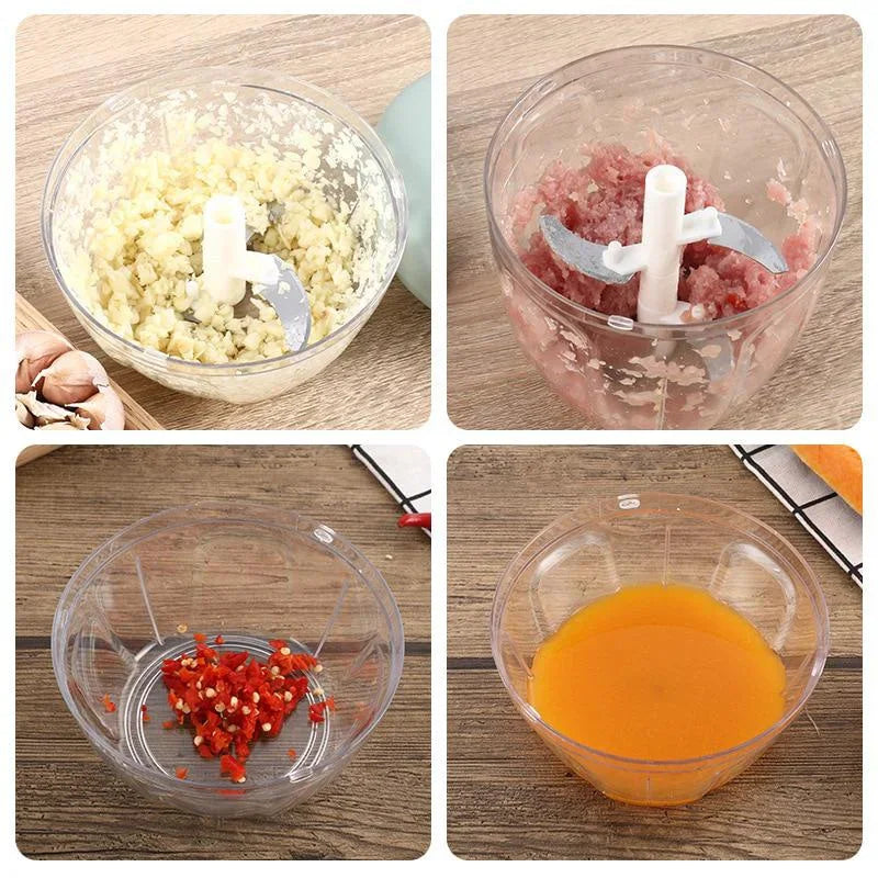 A collage showing four views of a manual chopper processing different food ingredients.