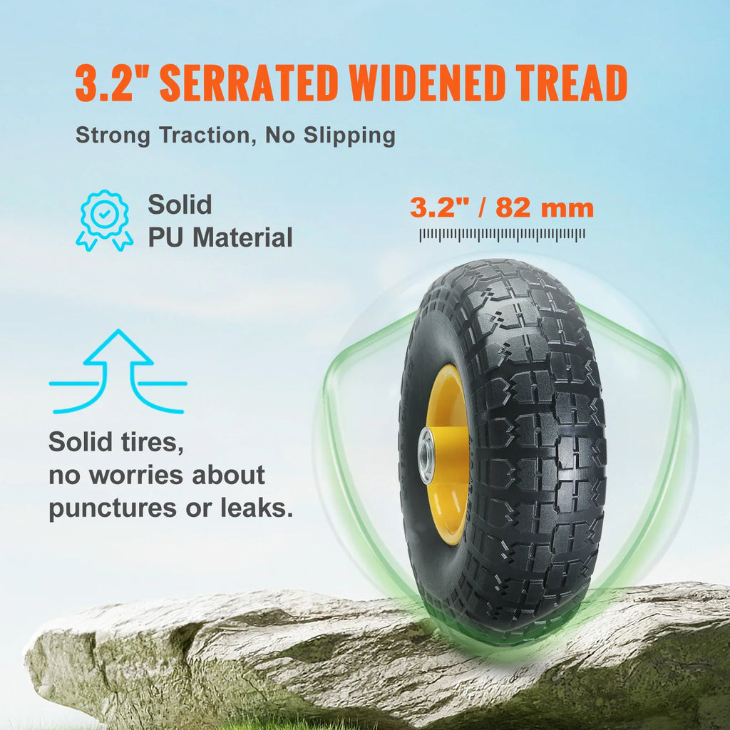 A solid PU wheel placed on a rock, with text highlighting the serrated tread and puncture-free material