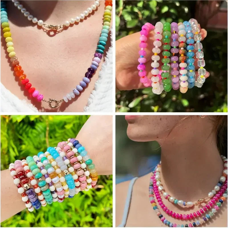 Collage of four photos showing necklaces and bracelets made with colorful gemstone beads