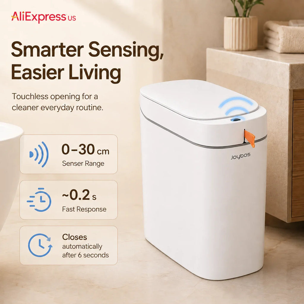White automatic sensor trash can for bathroom showing sensing range and response time