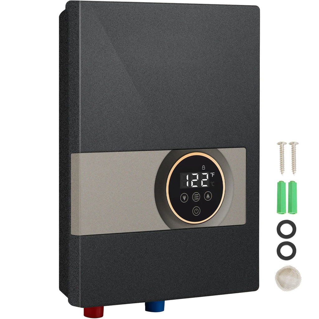 Electric tankless water heater with digital display, mounting hardware, and connection fittings