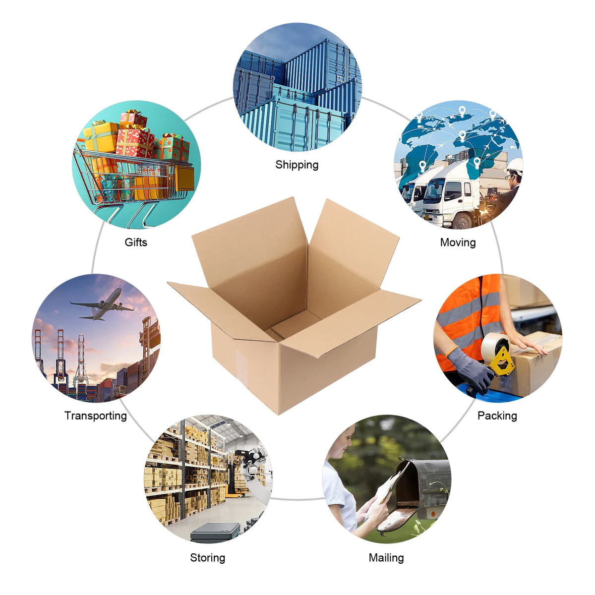 A collage showing various uses for corrugated shipping boxes