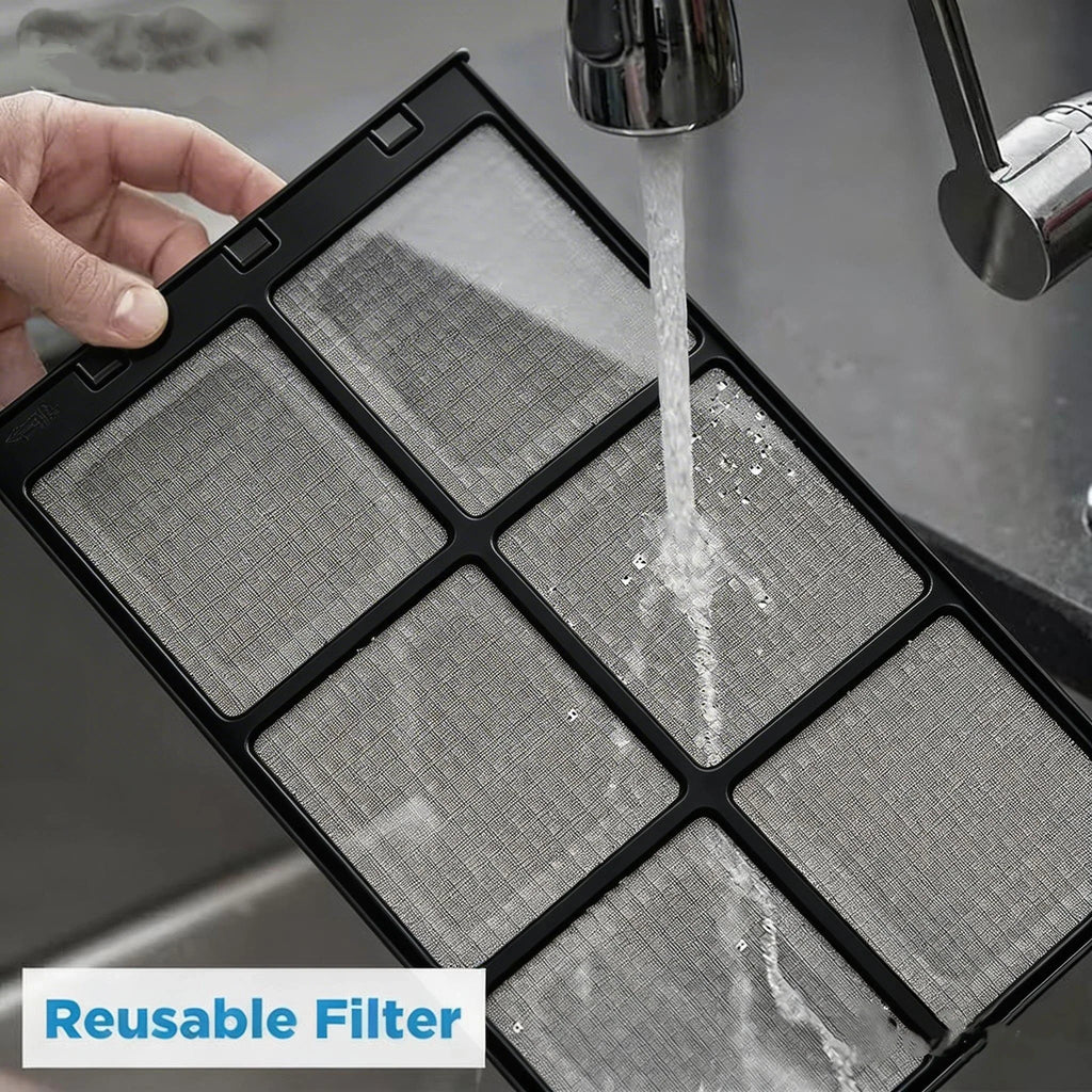 Washable air conditioner filter being rinsed under water