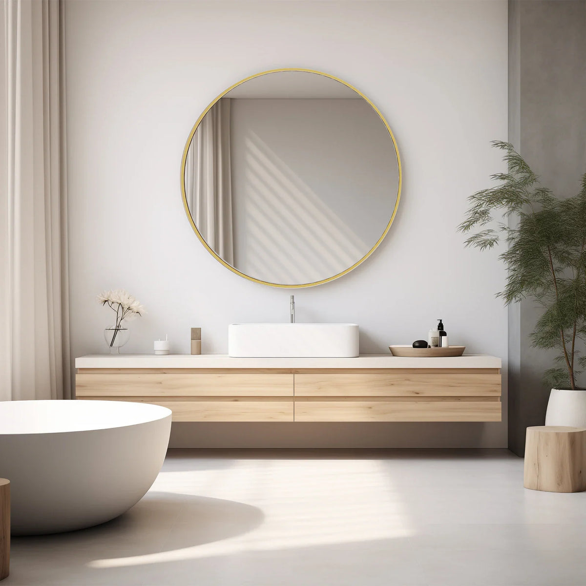 A minimalist round wall mirror with a gold frame in a modern bathroom above a vanity