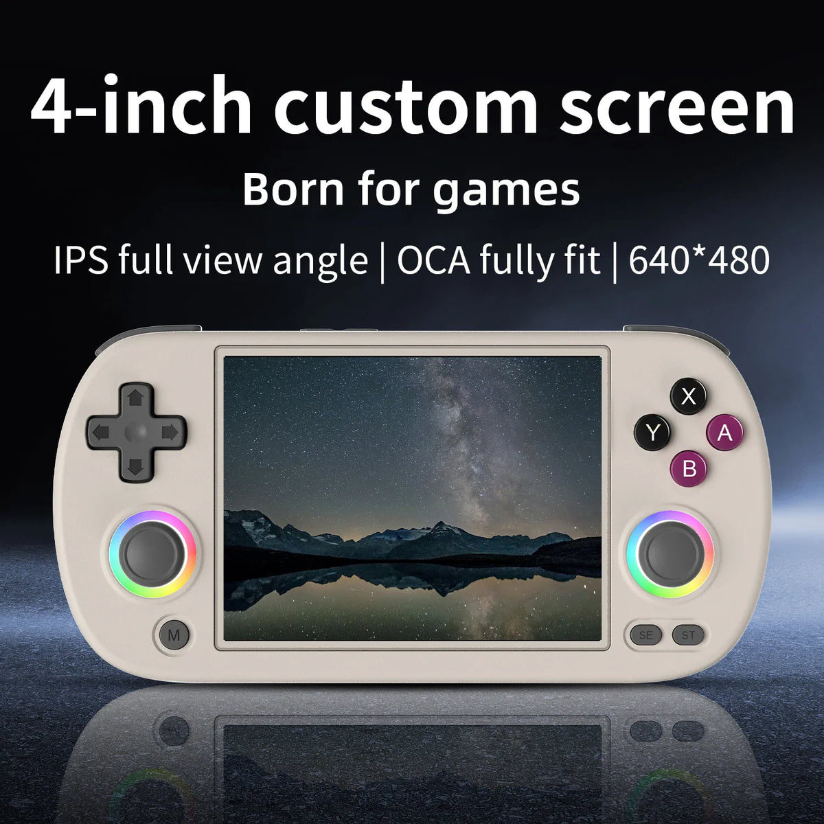 Close up of a retro gaming console with a 4-inch IPS screen
