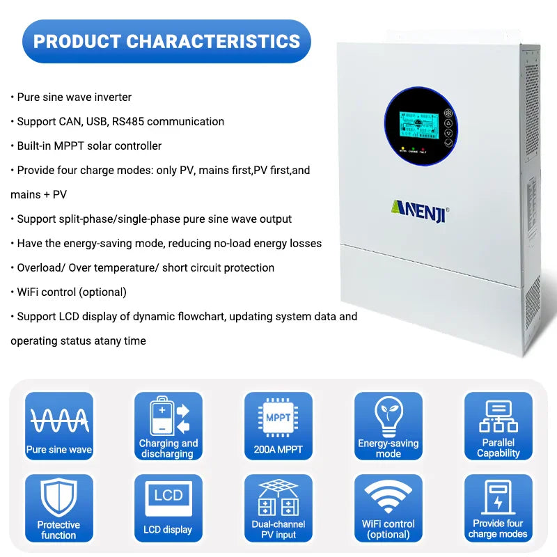 Product features and characteristics list for 12KW hybrid solar inverter with icon-based explanations