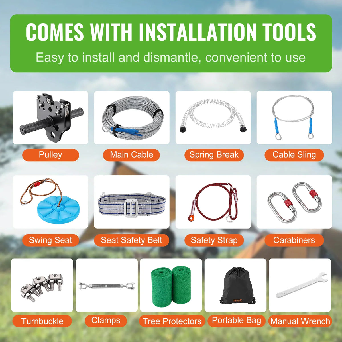 Complete zipline kit components displayed with labels including pulley, cable, seat, and mounting tools.