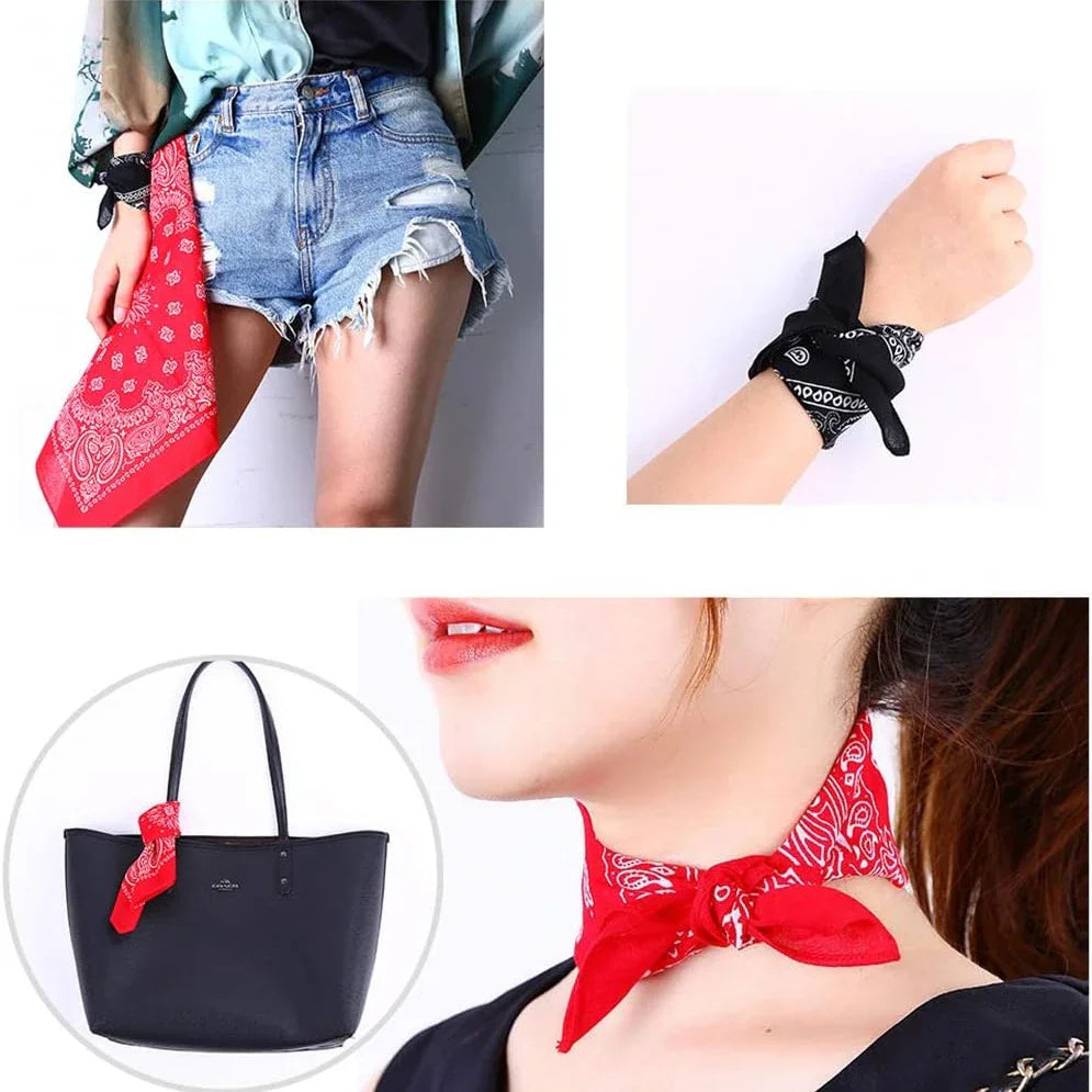 A collection of photos showing red and black paisley bandanas styled as a hair accessory, wrist wrap, and handbag decoration.
