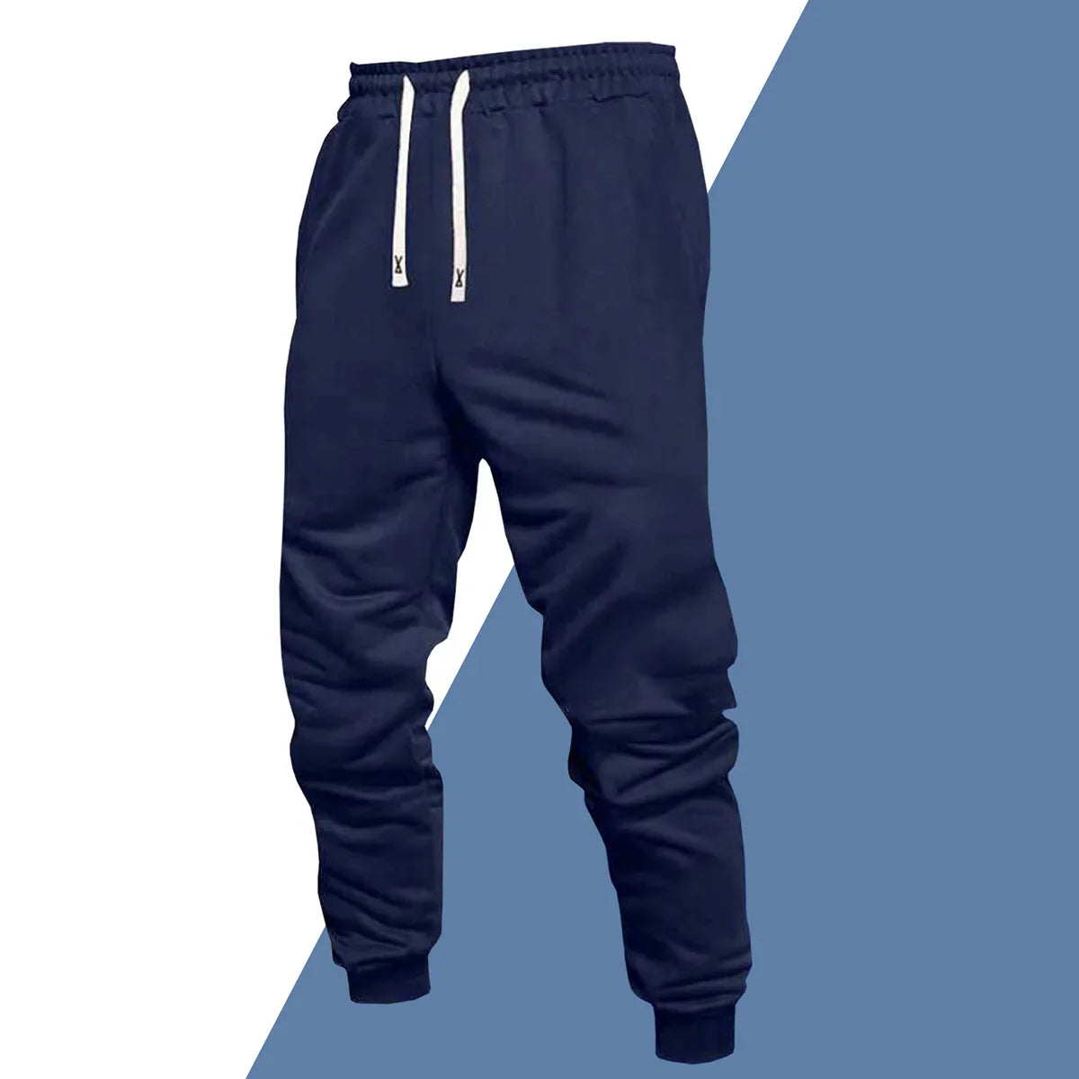 A pair of navy blue casual sweatpants with an elastic waistband and white drawstring.