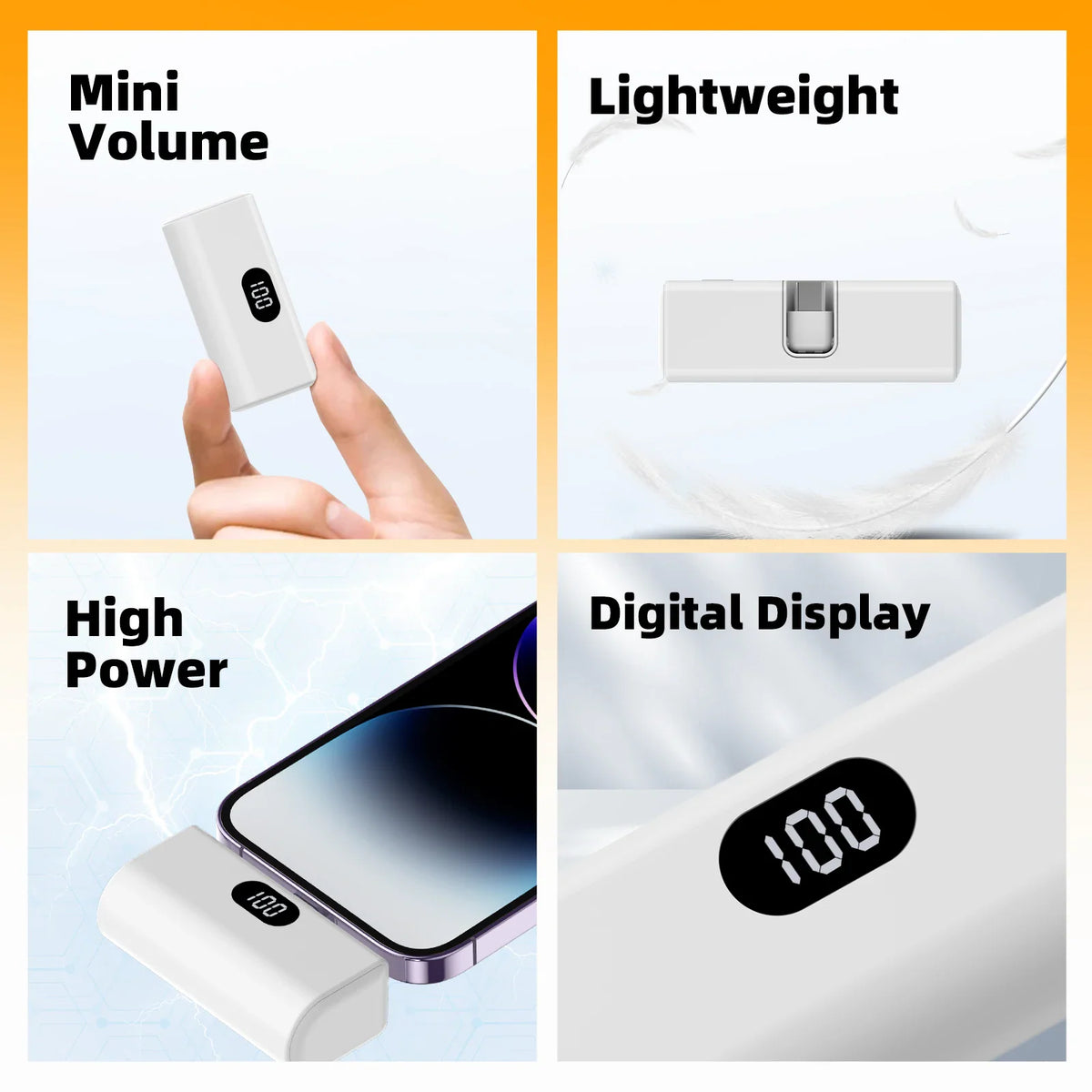 Features overview of a mini portable power bank showing size, weight, and digital display