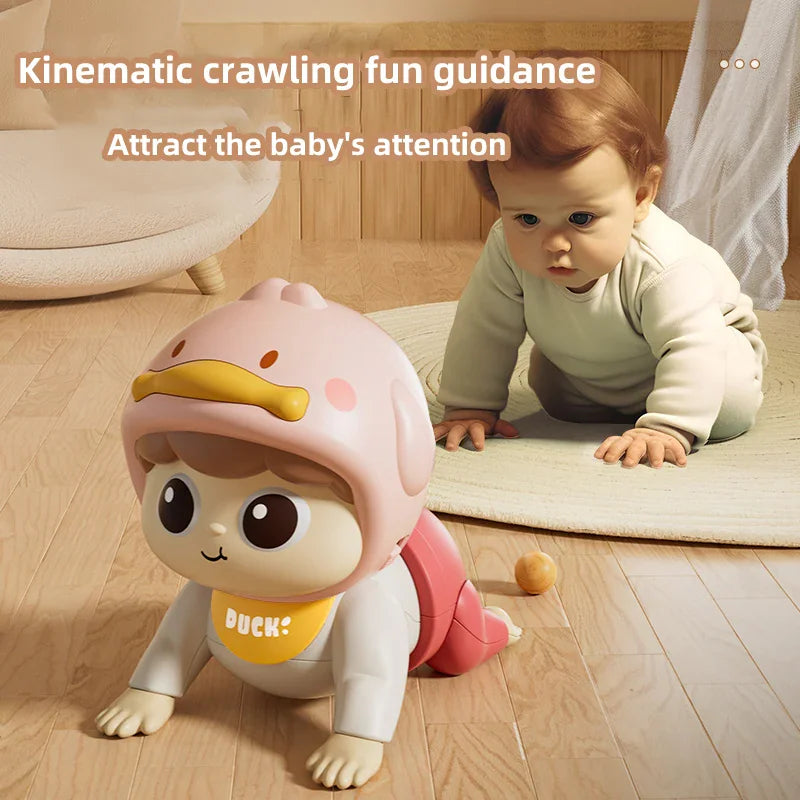 A crawling doll toy with a pink duck hat guiding a baby to crawl on a wooden floor.