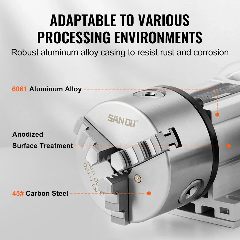 Rotary axis chuck construction showing aluminum alloy housing and carbon steel jaws with technical callouts