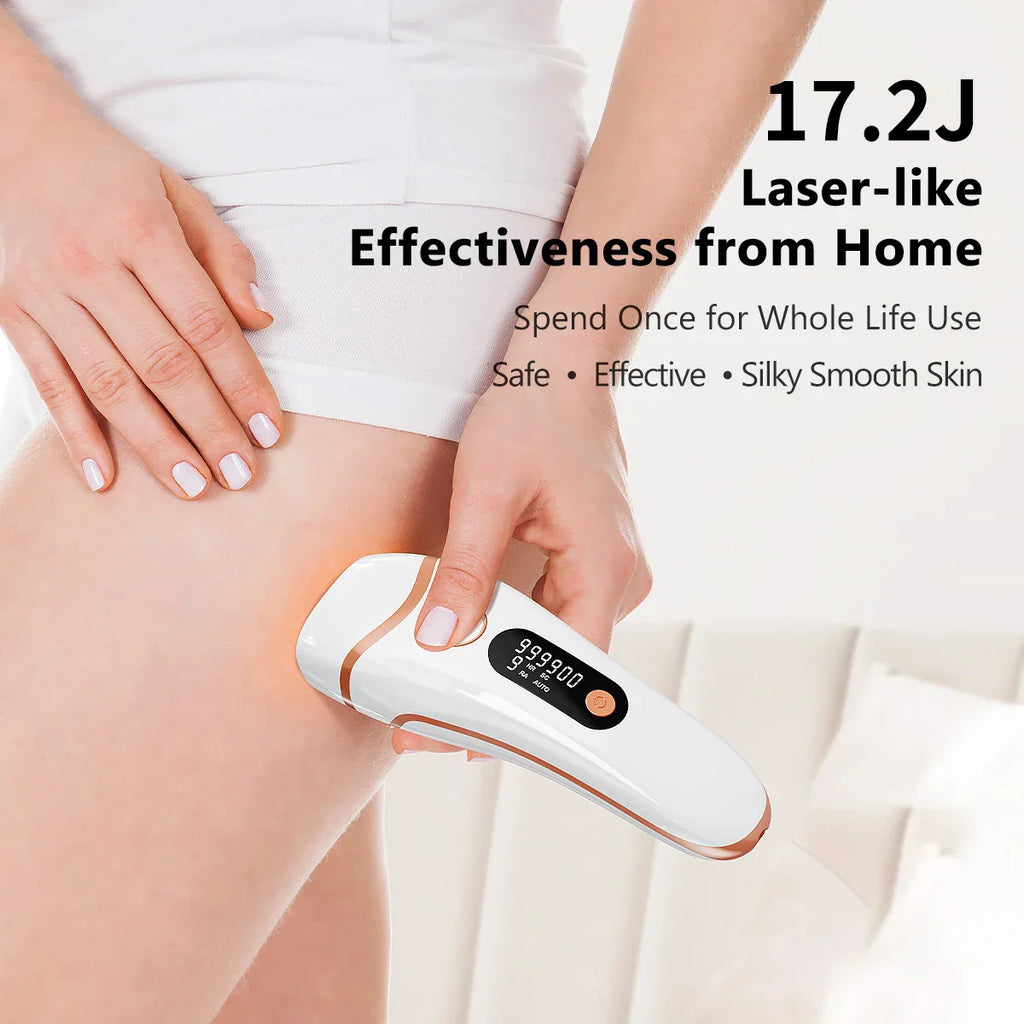 Person using an IPL laser hair removal device on their leg.