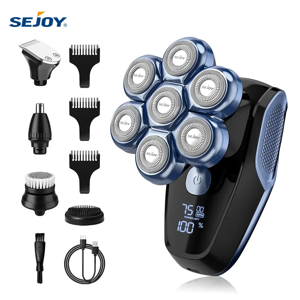 Blue and black electric rotary head shaver with multiple trimmer head attachments and charging cable