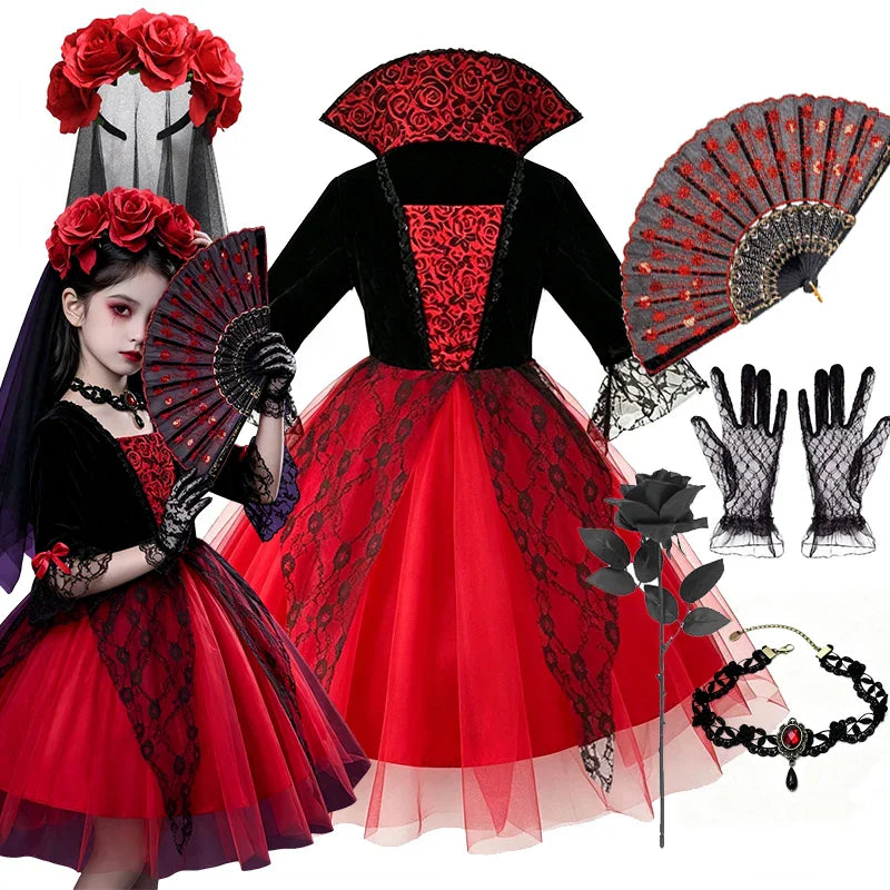 Girl in a gothic vampire costume with accessories including lace gloves, fan, rose veil and choker