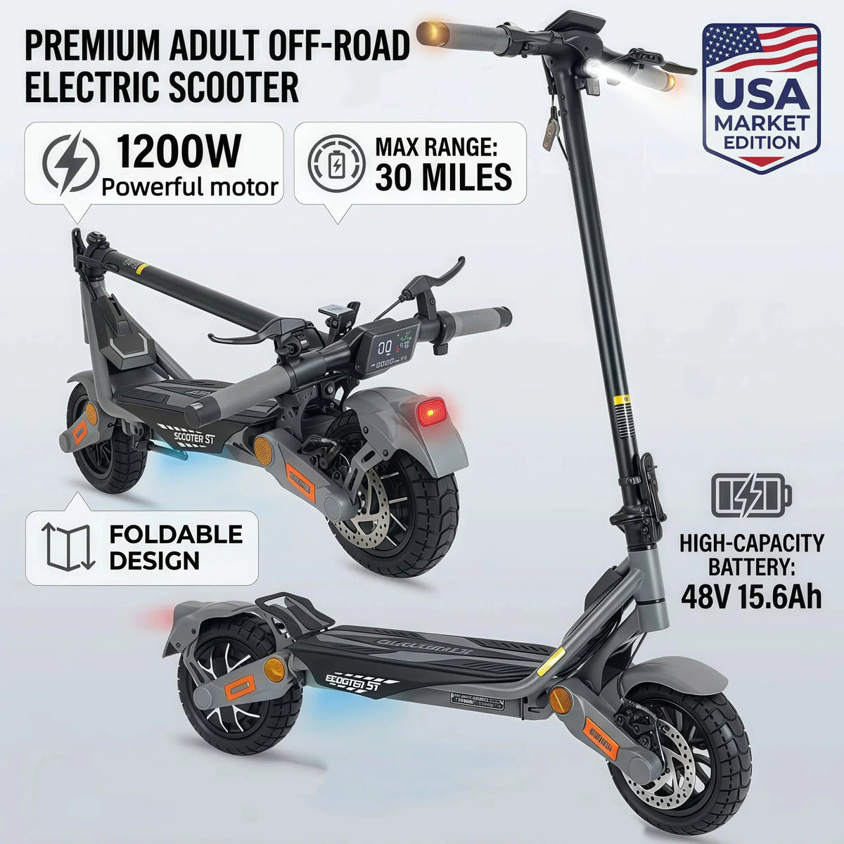 Grey electric adult off-road scooter with foldable design and high-capacity battery features