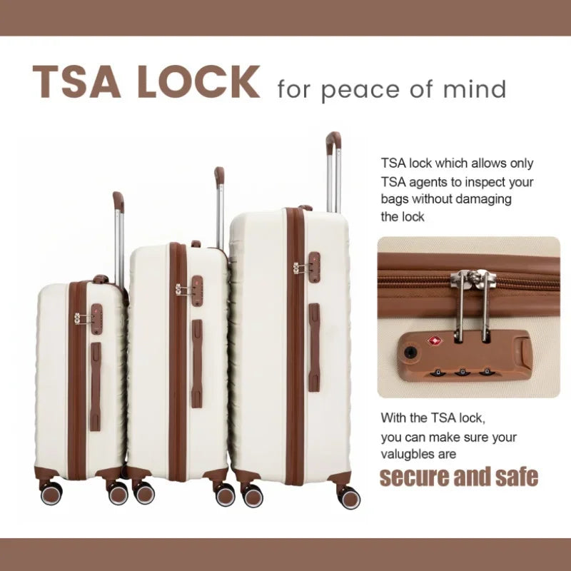 Three cream-colored suitcases and a detailed view of the TSA combination lock feature.