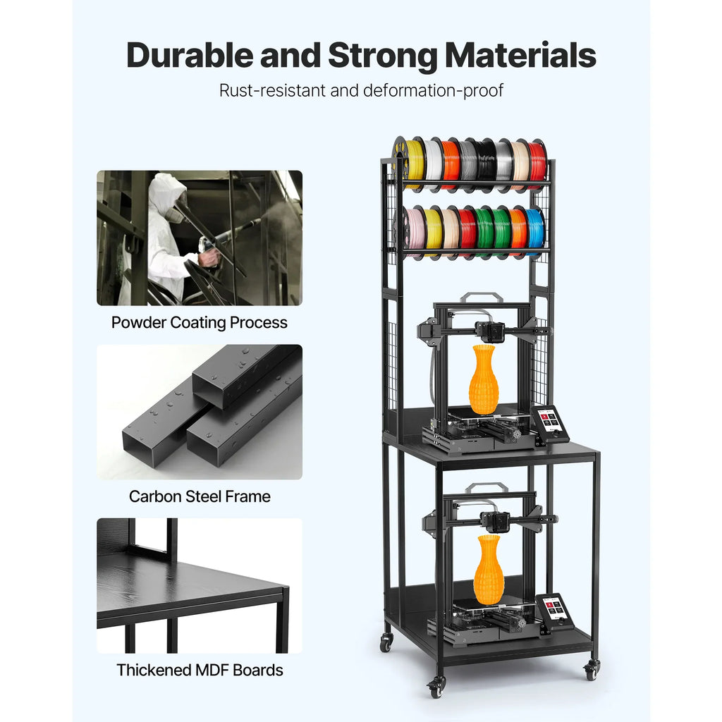 A 3D printer and filament storage cart showing details of the powder coating, carbon steel frame, and MDF shelf material.