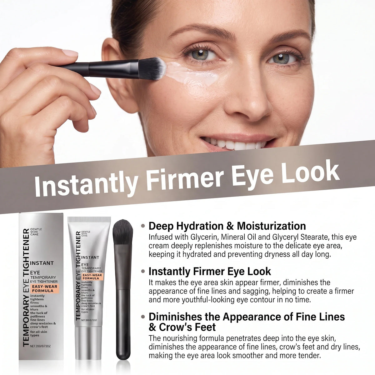 Model applying eye cream with tube and brush, showing skincare benefits