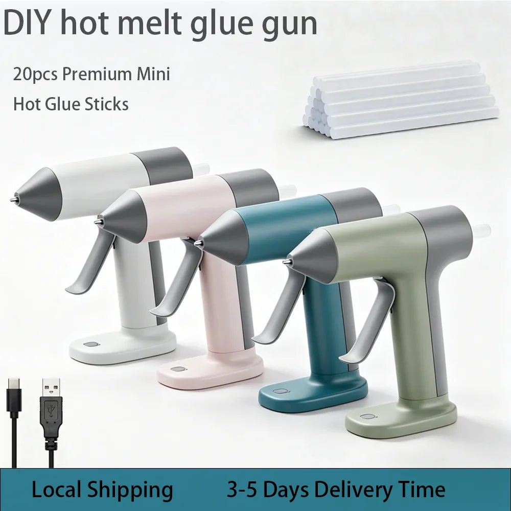 A set of four colorful cordless hot melt glue guns with glue sticks and charging cable