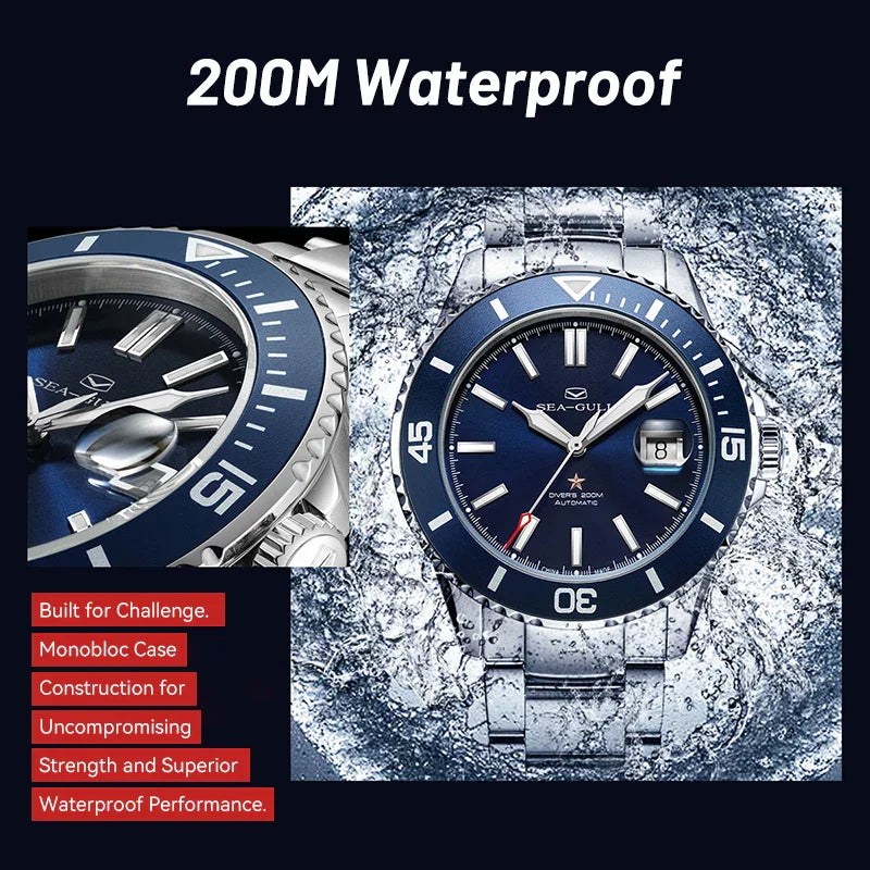 Blue dial automatic diver watch with water splash effect