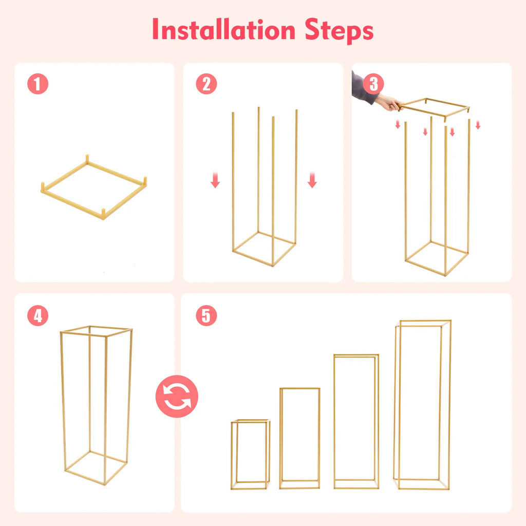 Five step visual guide illustrating the assembly process of the gold metal rectangular flower stand