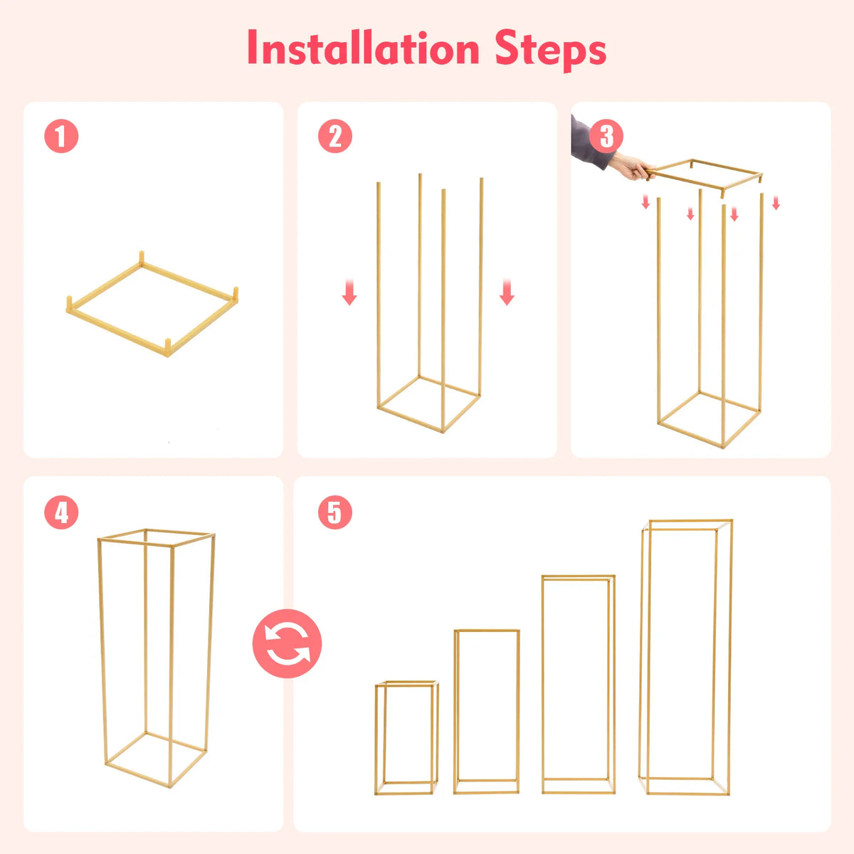 Five step visual guide illustrating the assembly process of the gold metal rectangular flower stand