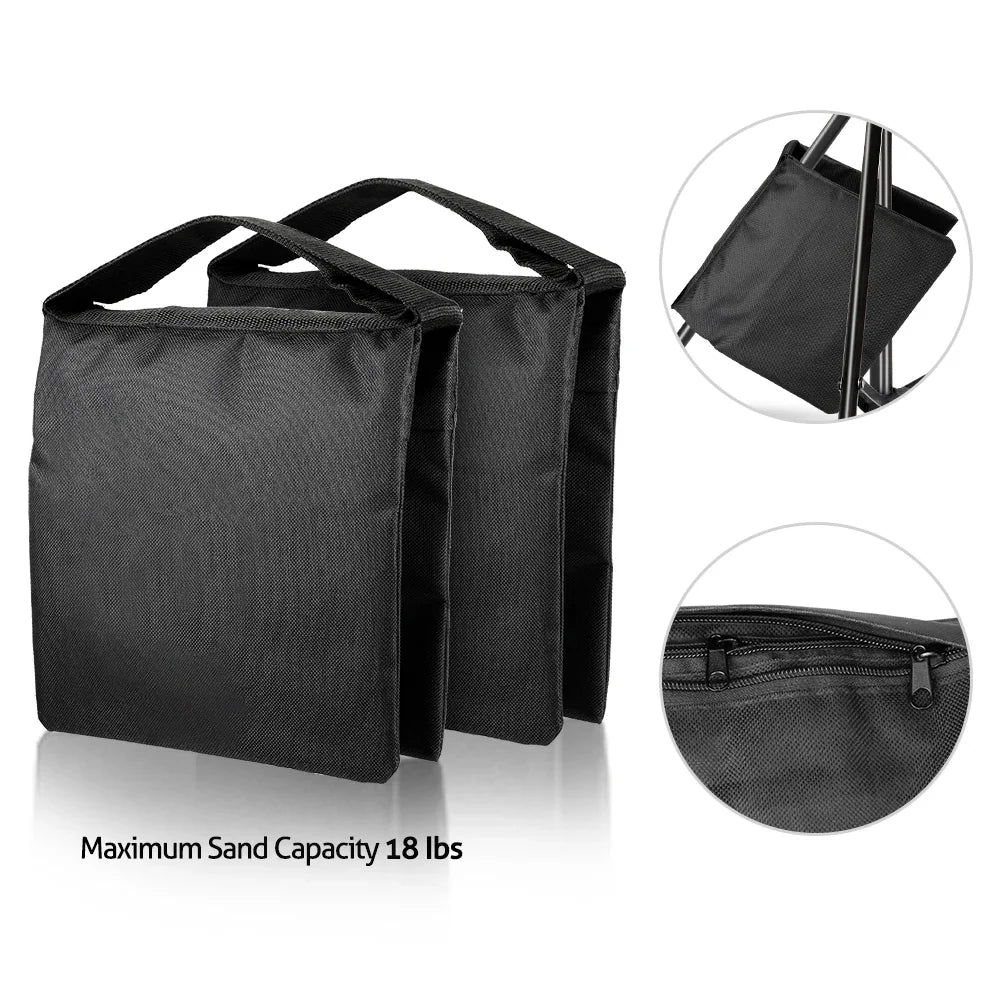 Two black empty photography sandbags with detail shots and weight capacity text.
