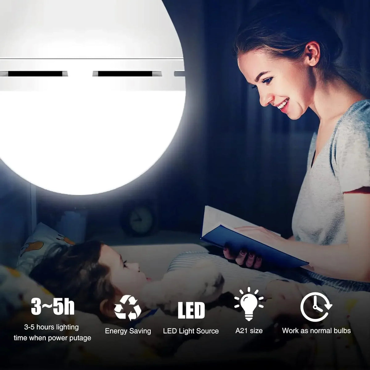 Rechargeable LED emergency light bulb used for reading at night.