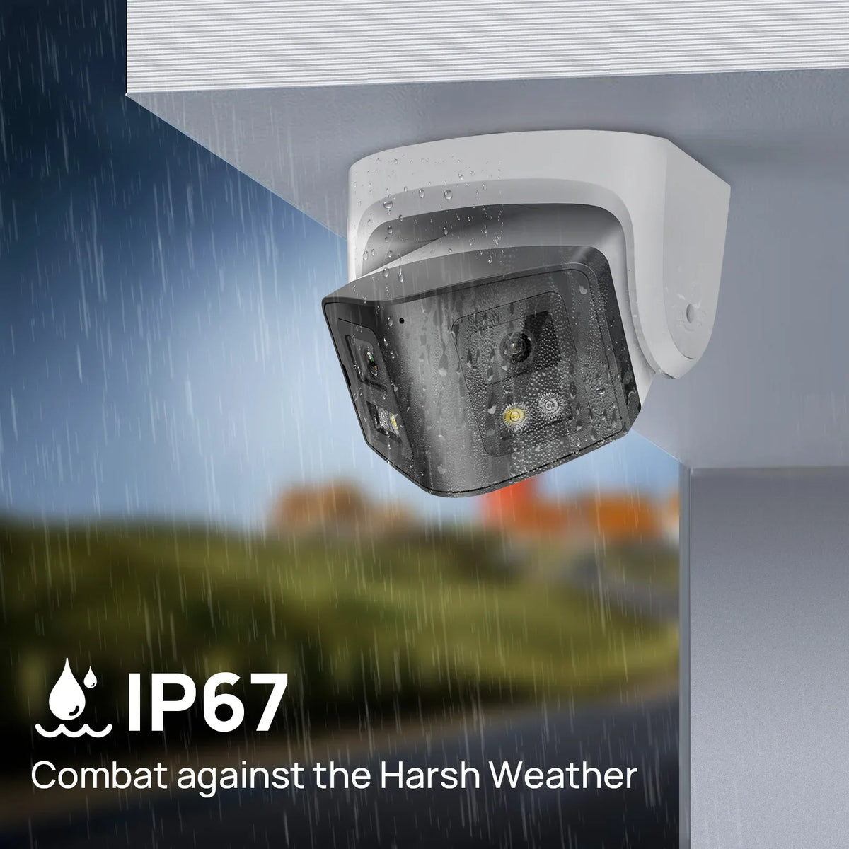 White outdoor panoramic security camera under rain with IP67 weather resistance rating
