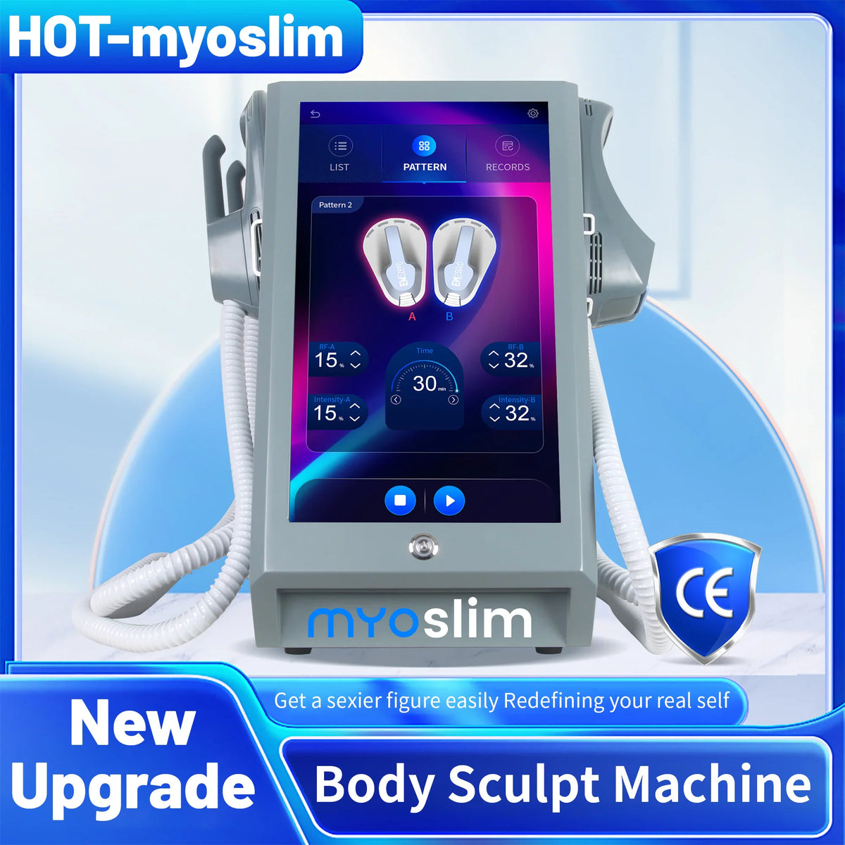 Body sculpting machine with touch screen display and two handpieces on a cart
