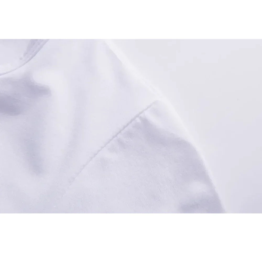 Close-up of the fabric texture and shoulder seam on a plain white t-shirt
