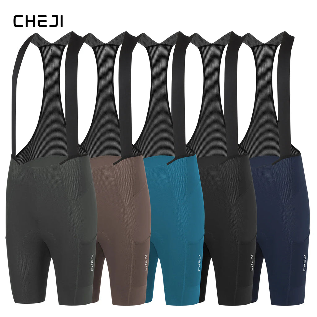 A collection of cycling bib shorts in five different colors: grey, brown, teal, black, and navy.