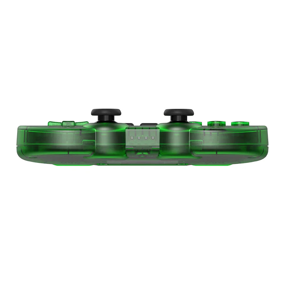 Green transparent wireless game controller showing the bottom edge.