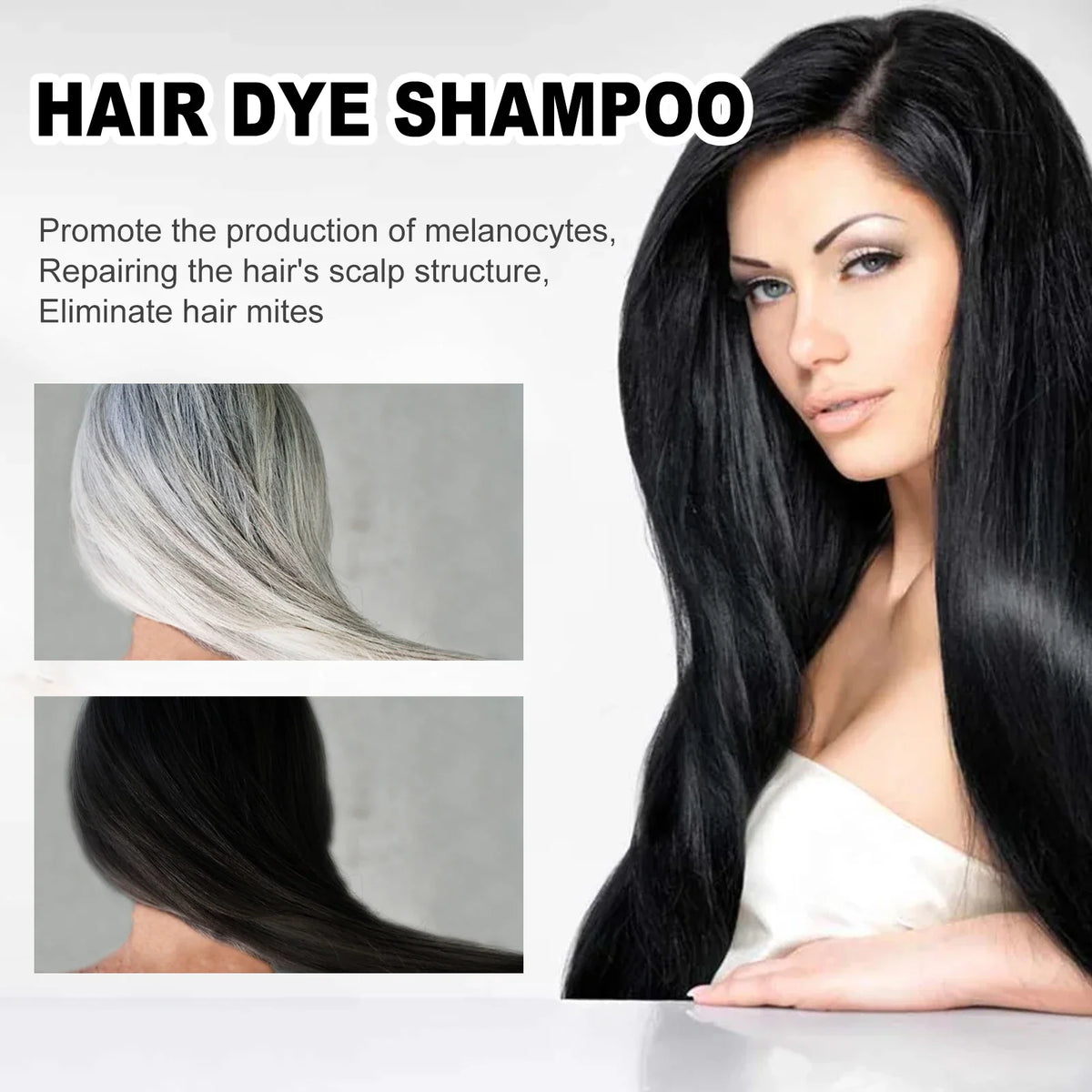 Hair dye shampoo with before and after treatment photos and descriptive text