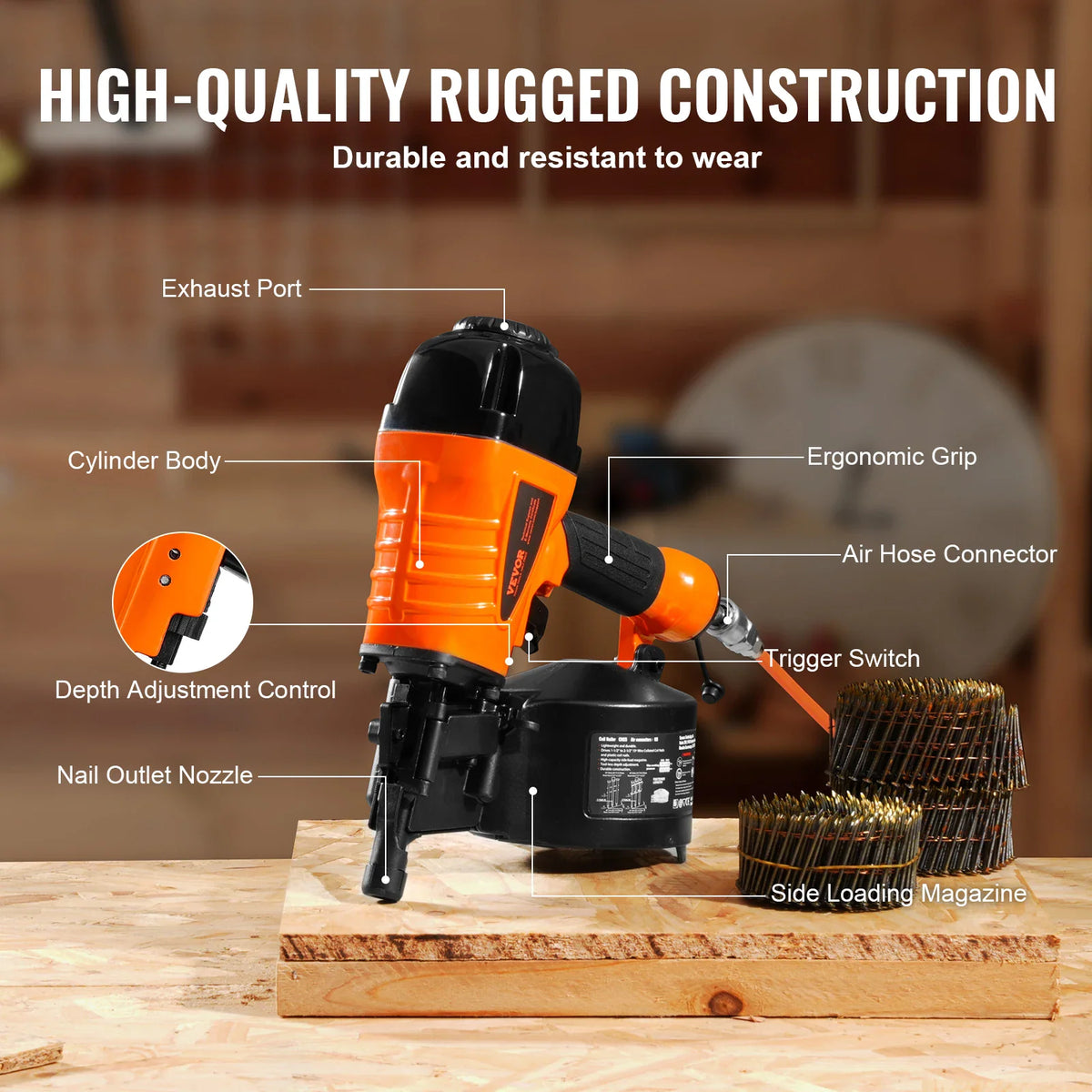 Pneumatic coil siding nailer with labeled parts including exhaust port and trigger