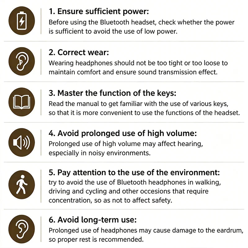 List of safety and usage tips for Bluetooth headphones