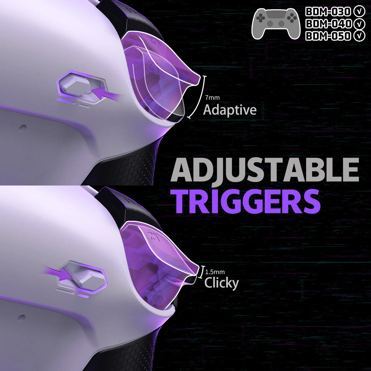Close-up of game controller triggers demonstrating the difference between adaptive and clicky trigger settings.