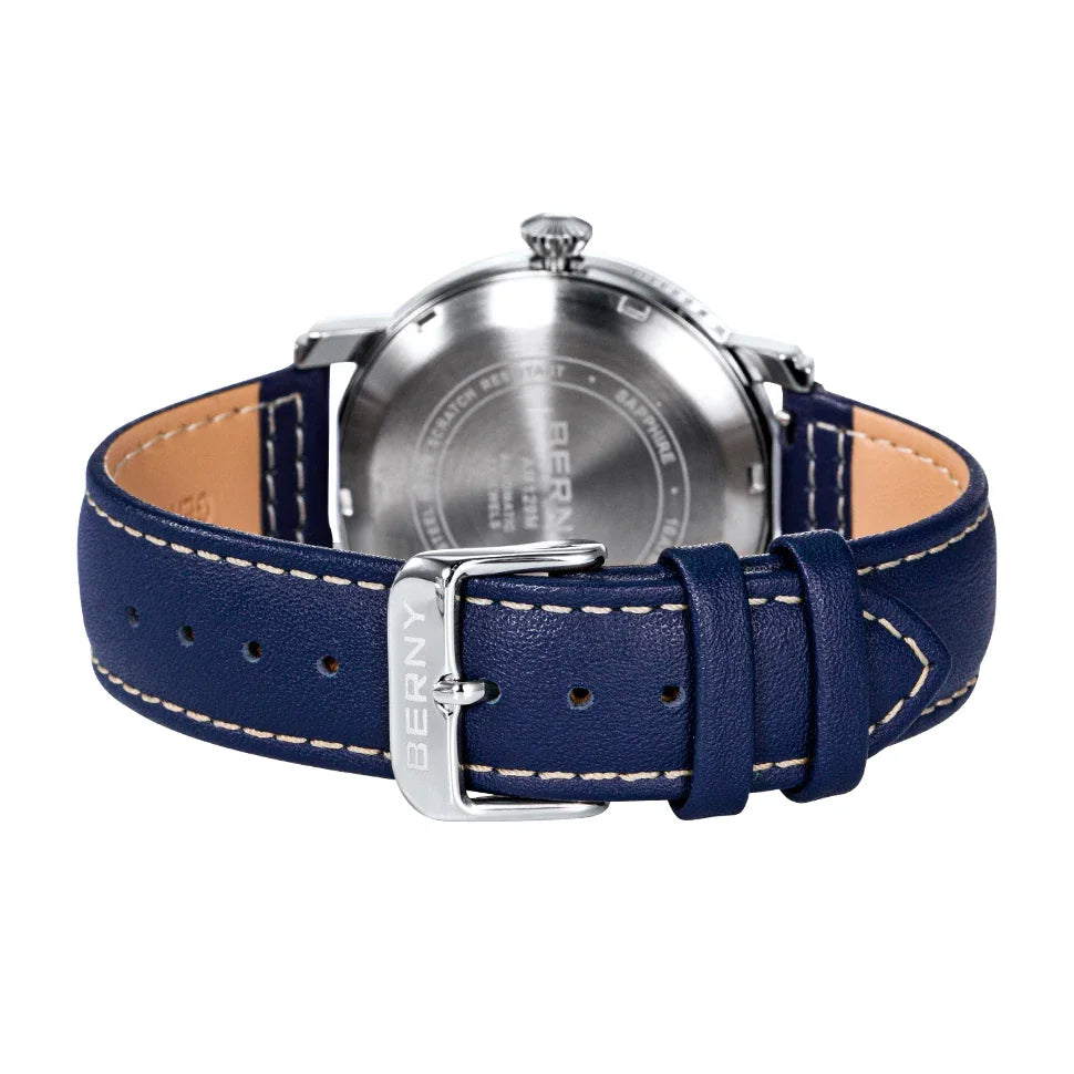 Back view of a blue leather watch strap with a silver buckle