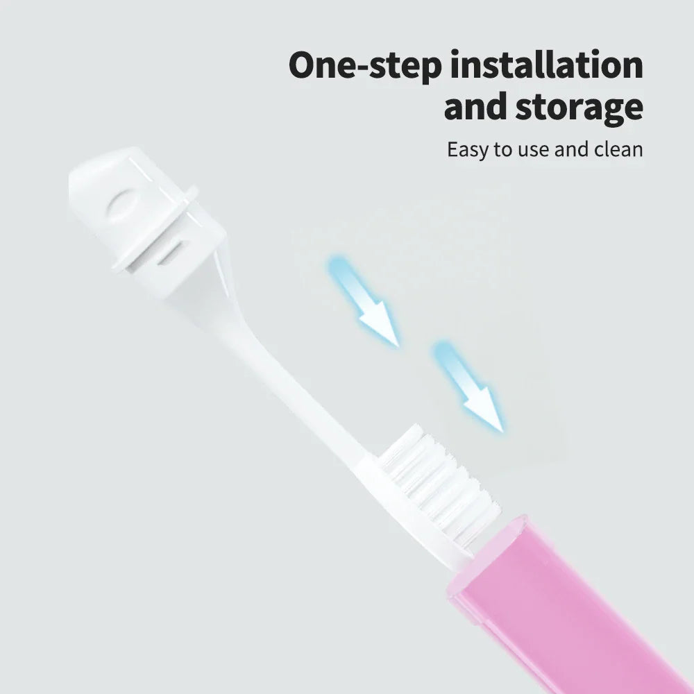 Illustration of a white foldable toothbrush head attaching to a pink handle