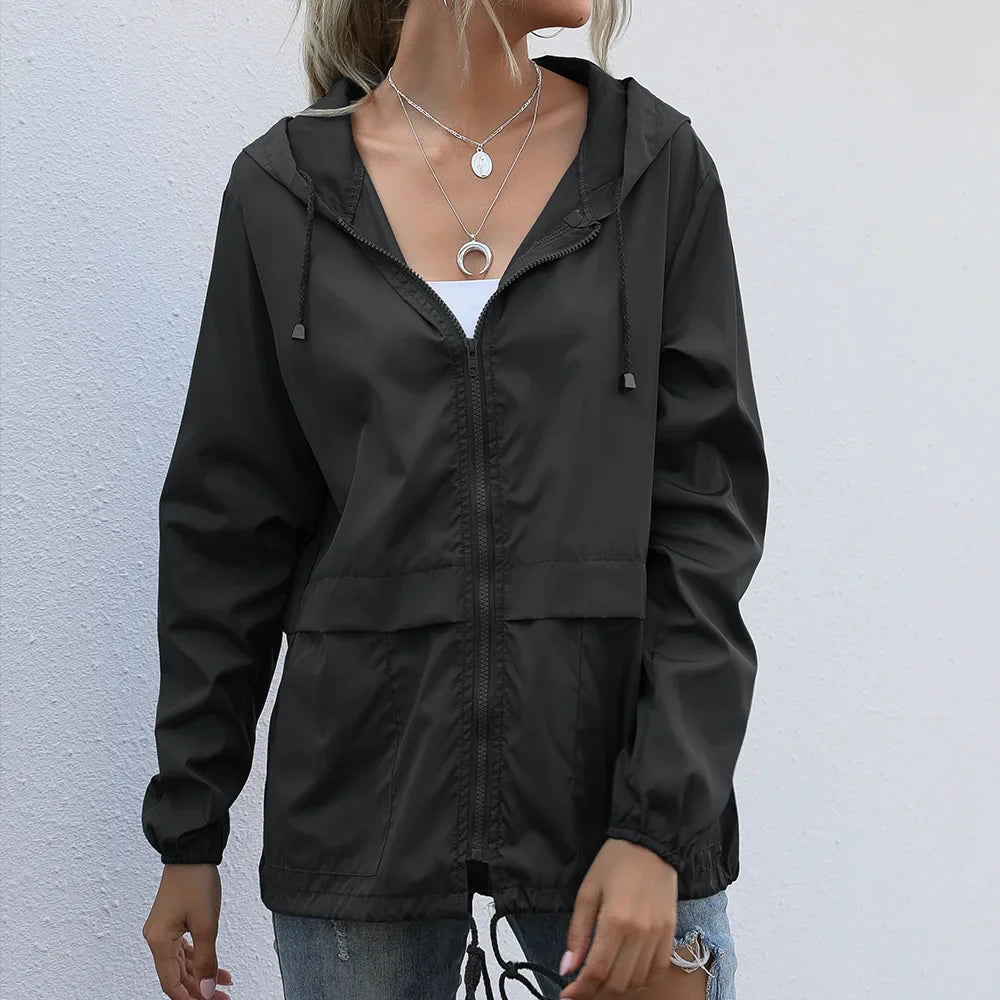 Black hooded windbreaker jacket with zipper