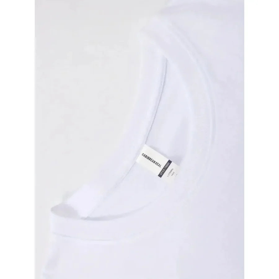 Close-up of the neckline and internal brand label of a plain white t-shirt.