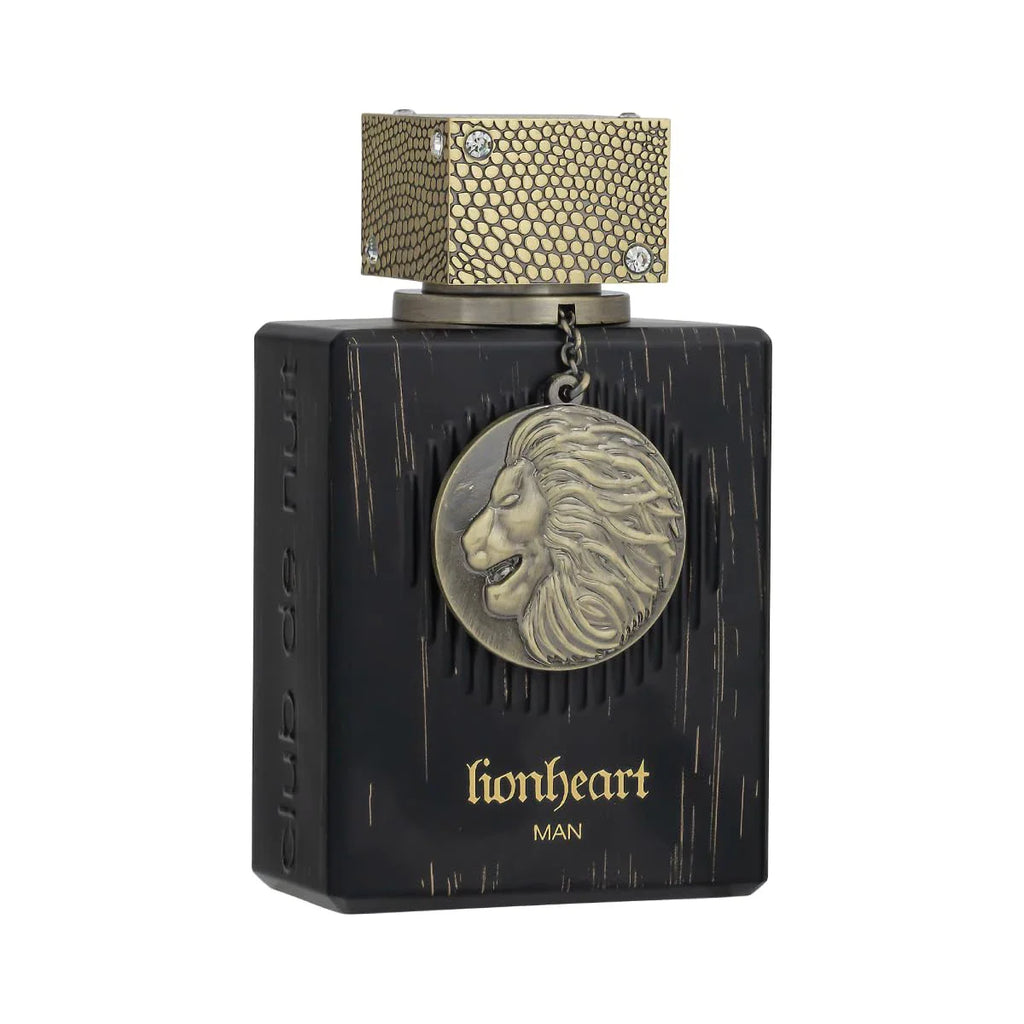 A black rectangular perfume bottle featuring an embossed lion head charm on the front.